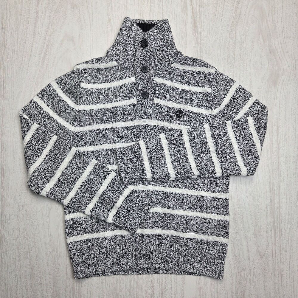 IZOD Boys Marled Striped Pullover Sweater Mock Neck Button Small 8